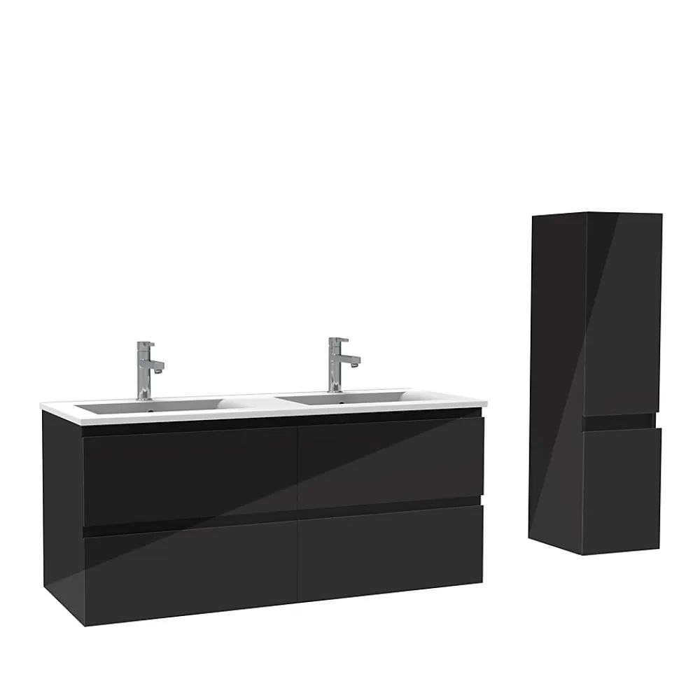AICA Sanitaire Ensemble meuble salle de bain 120 cm noir brillant avec 4 tiroirs, double lavabo céramique + colonne, suspendu