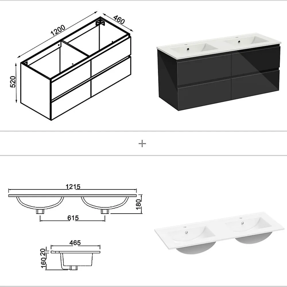 AICA Sanitaire Ensemble meuble salle de bain 120 cm noir brillant avec 4 tiroirs, double lavabo céramique + colonne, suspendu
