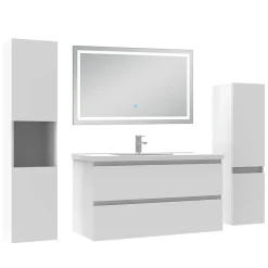 AICA Sanitaire Ensemble meuble Salle de Bain 100cm avec colonne et miroir lumineux 3 couleurs blanc