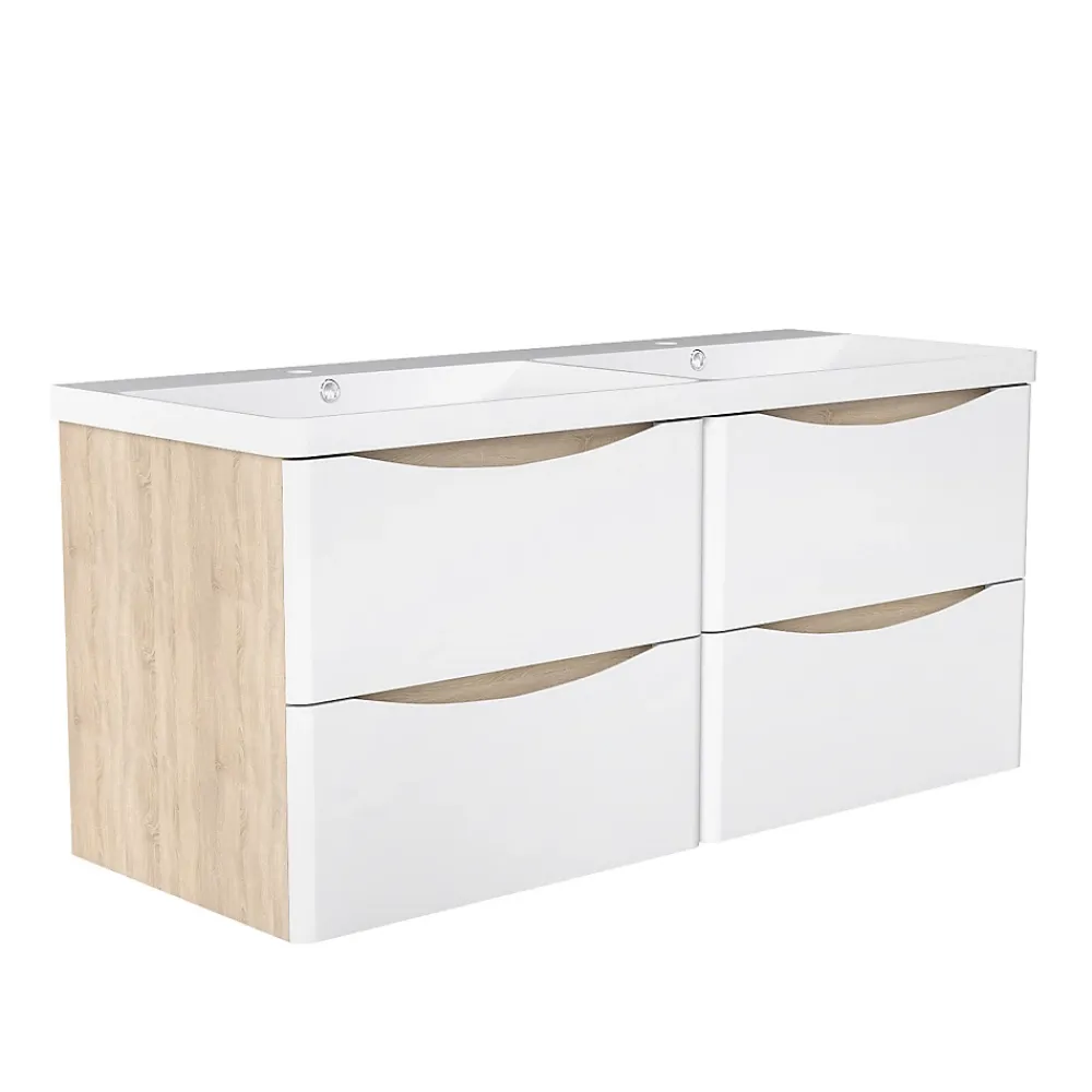 Meuble Vasque|AICA Sanitaire Ensemble Meuble Salle de Bain Suspendu 120cm, Blanc + Chêne, Moderne, Grand Tiroir,