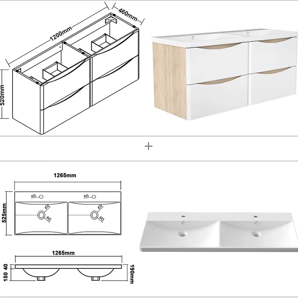 Meuble Vasque|AICA Sanitaire Ensemble Meuble Salle de Bain Suspendu 120cm, Blanc + Chêne, Moderne, Grand Tiroir,