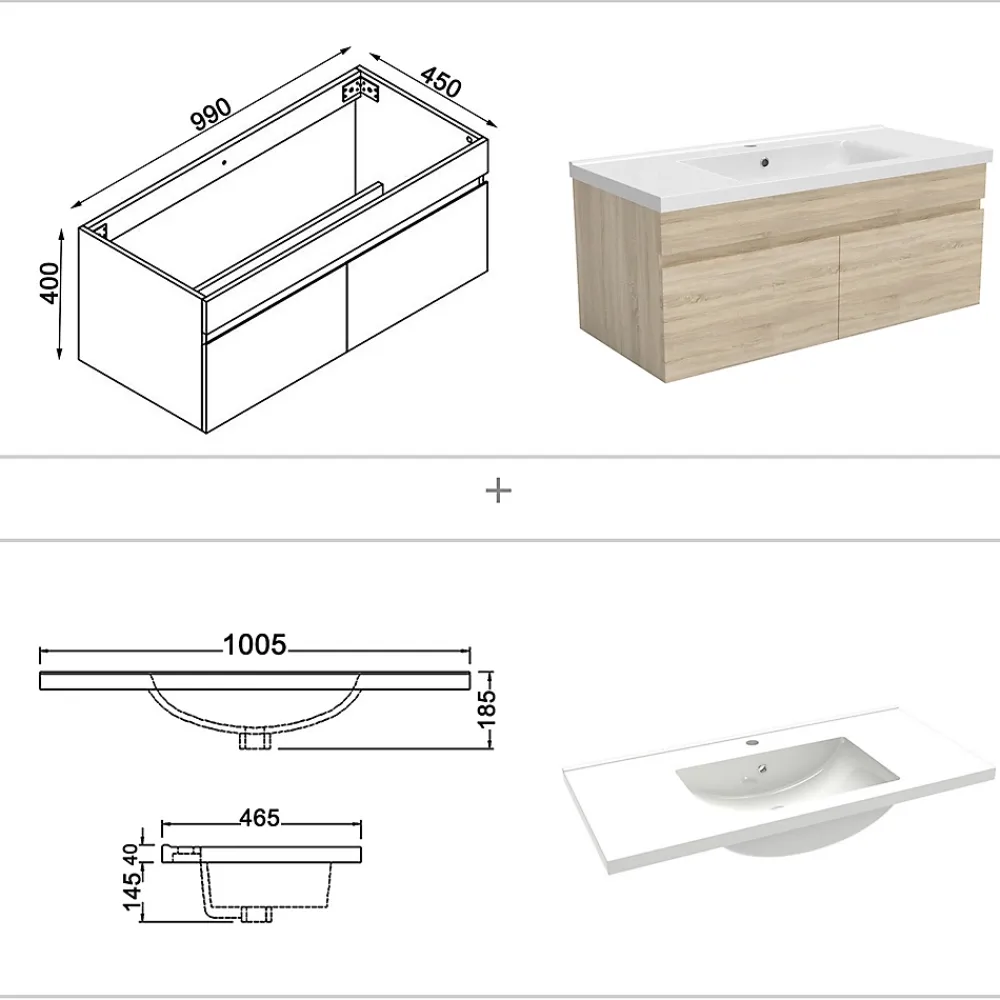 AICA Sanitaire Ensemble meuble Salle de Bain 100cm Chêne Wotan simple vasque + miroir lumineux 3 couleurs + dimmable