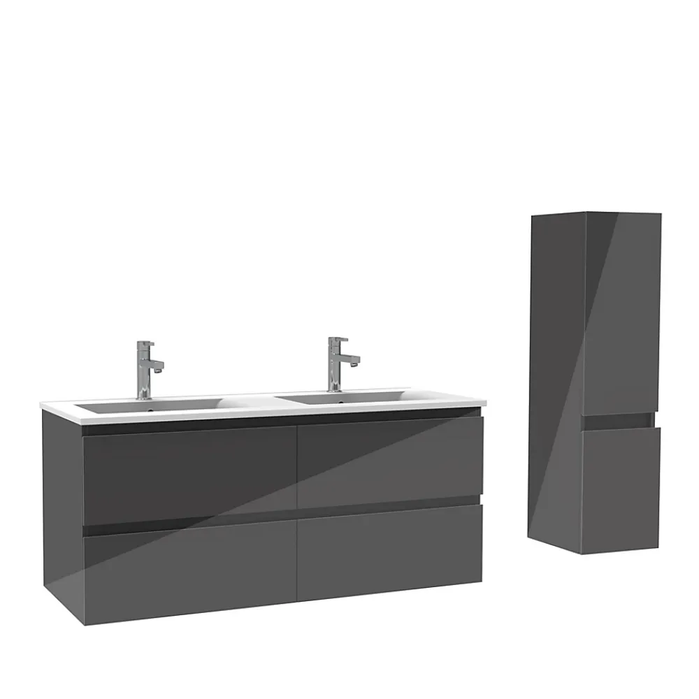 AICA Sanitaire Ensemble meuble salle de bain 120 cm anthracite brillant avec 4 tiroirs, double lavabo céramique + colonne, suspendu