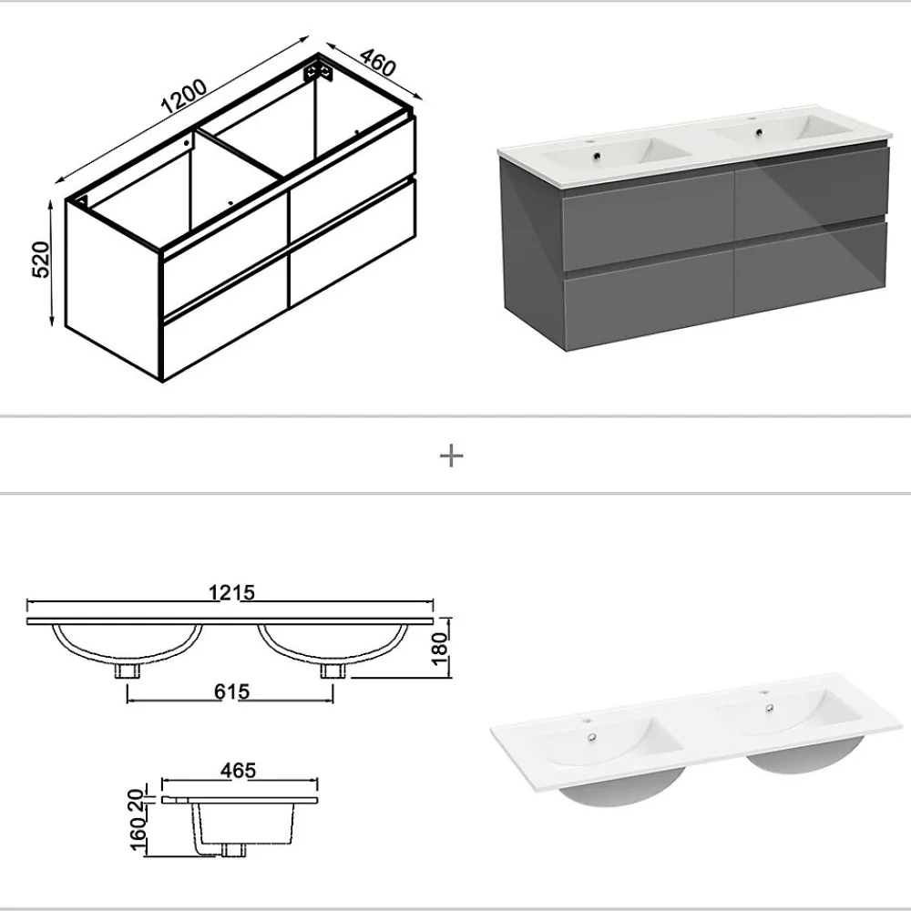AICA Sanitaire Ensemble meuble salle de bain 120 cm anthracite brillant avec 4 tiroirs, double lavabo céramique + colonne, suspendu