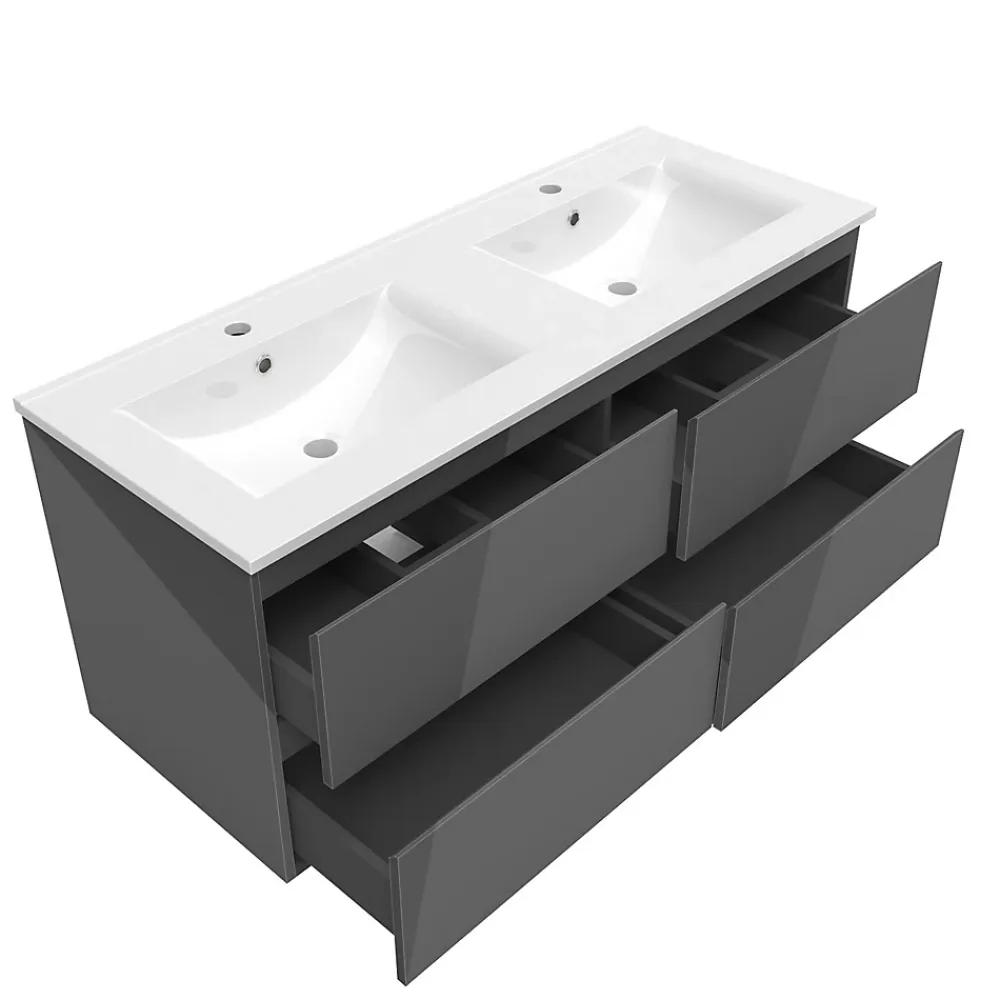 AICA Sanitaire Ensemble meuble salle de bain 120 cm anthracite brillant avec 4 tiroirs, double lavabo céramique + colonne, suspendu