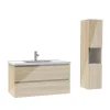 AICA Sanitaire Ensemble meuble salle de bain 100 cm Chêne Wotan brillant avec 2 tiroirs, lavabo céramique simple + colonne haute, suspendu