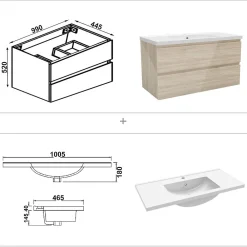 AICA Sanitaire Ensemble meuble salle de bain 100 cm Chêne Wotan brillant avec 2 tiroirs, lavabo céramique simple + colonne haute, suspendu