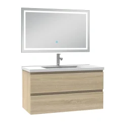 Ensemble Meuble De Salle De Bains|AICA Sanitaire Ensemble meuble Salle de Bain 100cm Chêne Wotan simple vasque et miroir lumineux 3 couleurs et dimmable