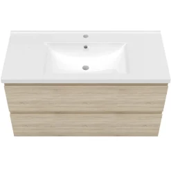 Ensemble Meuble De Salle De Bains|AICA Sanitaire Ensemble meuble Salle de Bain 100cm Chêne Wotan simple vasque et miroir lumineux 3 couleurs et dimmable