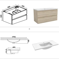 Ensemble Meuble De Salle De Bains|AICA Sanitaire Ensemble meuble Salle de Bain 100cm Chêne Wotan simple vasque et miroir lumineux 3 couleurs et dimmable