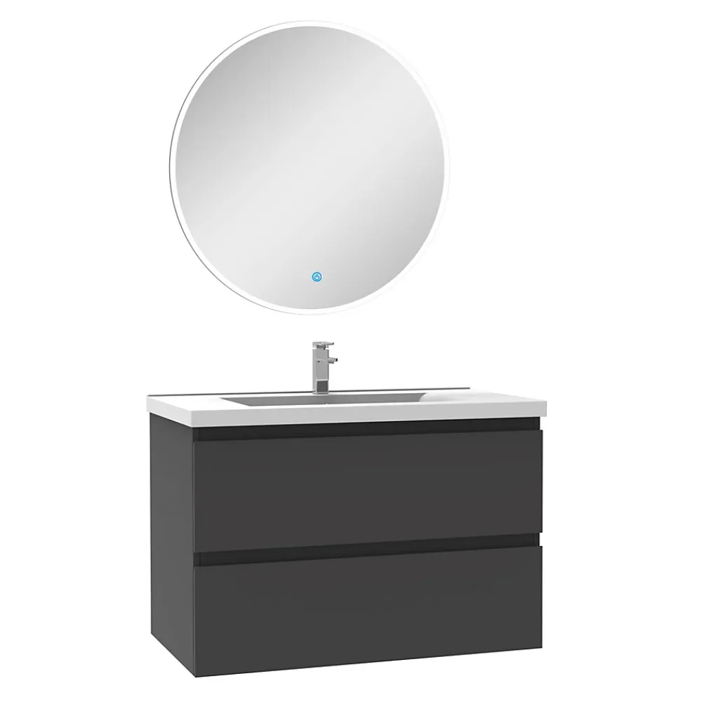 AICA Sanitaire Ensemble meuble Salle de Bain Anthracite 80cm simple vasque + miroir lumineux rond