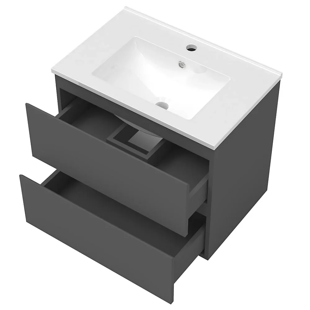 AICA Sanitaire Ensemble meuble Salle de Bain Anthracite 80cm simple vasque + miroir lumineux rond