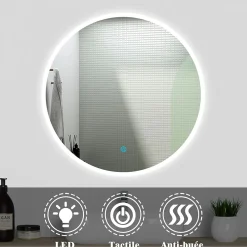 AICA Sanitaire Ensemble meuble Salle de Bain Anthracite 80cm simple vasque + miroir lumineux rond