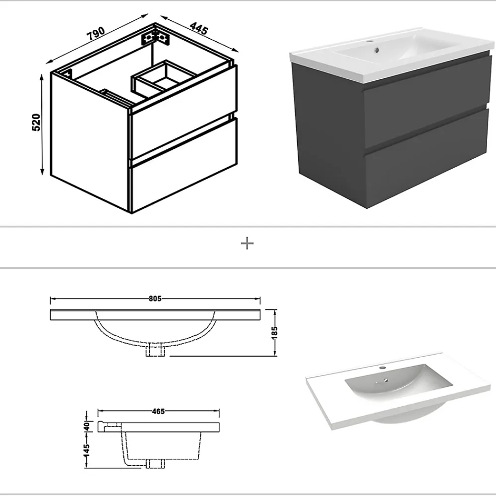 AICA Sanitaire Ensemble meuble Salle de Bain Anthracite 80cm simple vasque + miroir lumineux rond