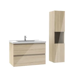 Ensemble Meuble De Salle De Bains|AICA Sanitaire Ensemble meuble salle de bain 80 cm Chêne Wotan brillant avec 2 tiroirs, lavabo céramique simple + colonne haute, suspendu