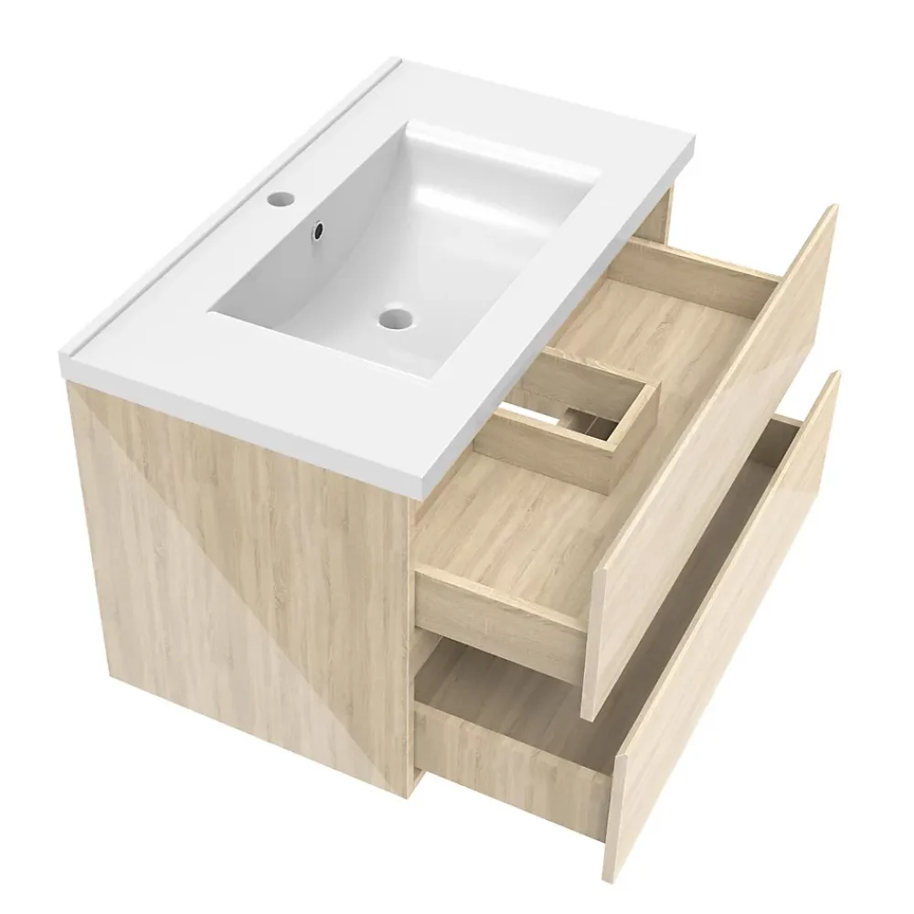 Ensemble Meuble De Salle De Bains|AICA Sanitaire Ensemble meuble salle de bain 80 cm Chêne Wotan brillant avec 2 tiroirs, lavabo céramique simple + colonne haute, suspendu