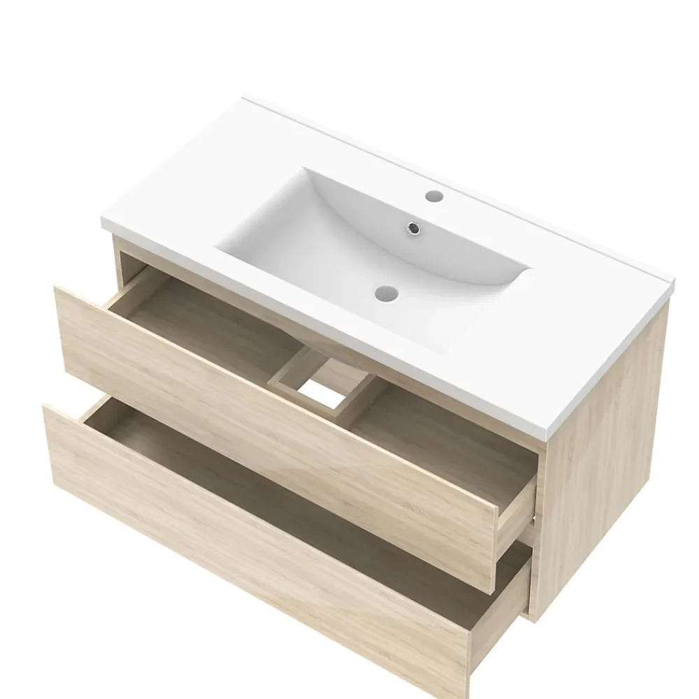 Ensemble Meuble De Salle De Bains|AICA Sanitaire Ensemble meuble salle de bain 100 cm Chêne Wotan brillant avec 2 tiroirs, lavabo céramique simple + colonne, suspendu