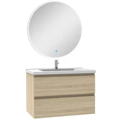 AICA Sanitaire Ensemble meuble Salle de Bain 80cm Chêne Wotan simple vasque + miroir lumineux rond