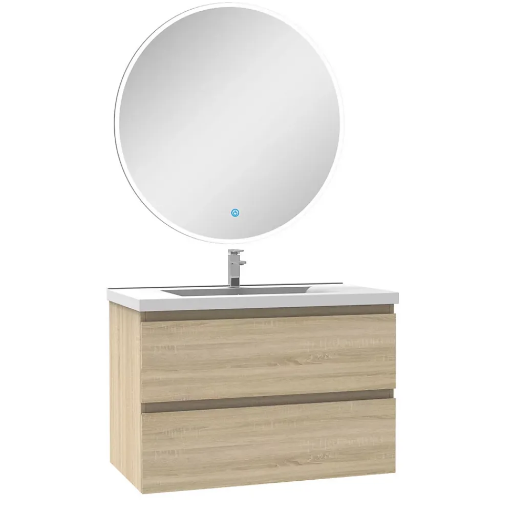 AICA Sanitaire Ensemble meuble Salle de Bain 80cm Chêne Wotan simple vasque + miroir lumineux rond
