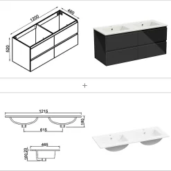 Ensemble Meuble De Salle De Bains|AICA Sanitaire Ensemble meuble salle de bain 120 cm noir brillant avec 4 tiroirs, double lavabo céramique + colonne haute x2, suspendu