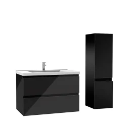 AICA Sanitaire Ensemble meuble salle de bain 80 cm noir brillant avec 2 tiroirs, lavabo céramique simple + colonne, suspendu