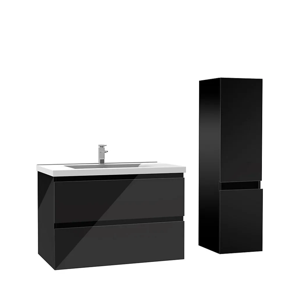 AICA Sanitaire Ensemble meuble salle de bain 80 cm noir brillant avec 2 tiroirs, lavabo céramique simple + colonne, suspendu