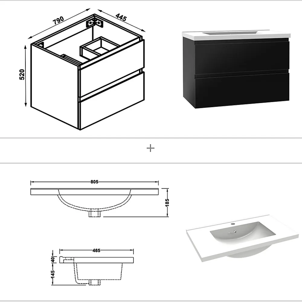 AICA Sanitaire Ensemble meuble salle de bain 80 cm noir brillant avec 2 tiroirs, lavabo céramique simple + colonne, suspendu