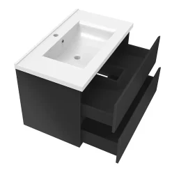 AICA Sanitaire Ensemble meuble salle de bain 80 cm noir brillant avec 2 tiroirs, lavabo céramique simple + colonne, suspendu
