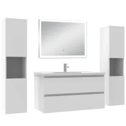 Ensemble Meuble De Salle De Bains|AICA Sanitaire Ensemble meuble Salle de Bain 100cm avec colonne + miroir lumineux dimmable blanc
