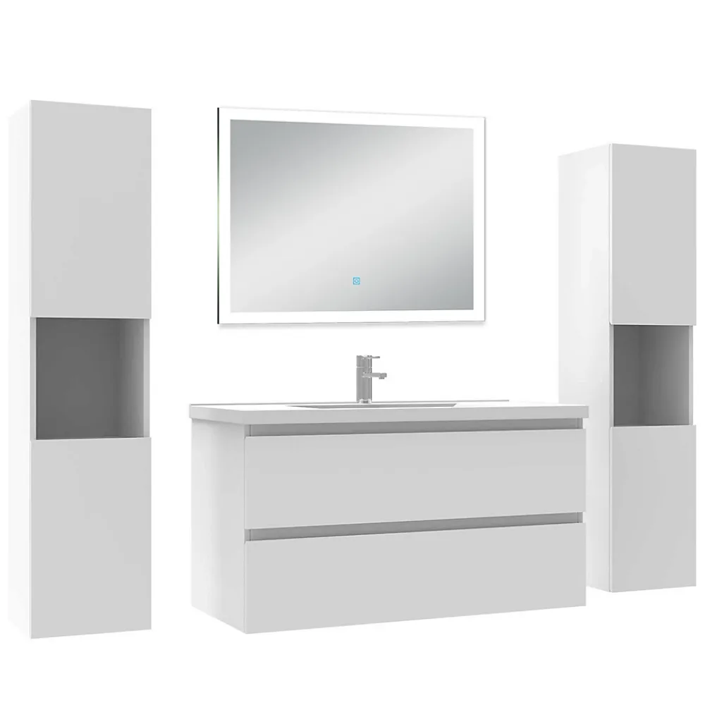 Ensemble Meuble De Salle De Bains|AICA Sanitaire Ensemble meuble Salle de Bain 100cm avec colonne + miroir lumineux dimmable blanc