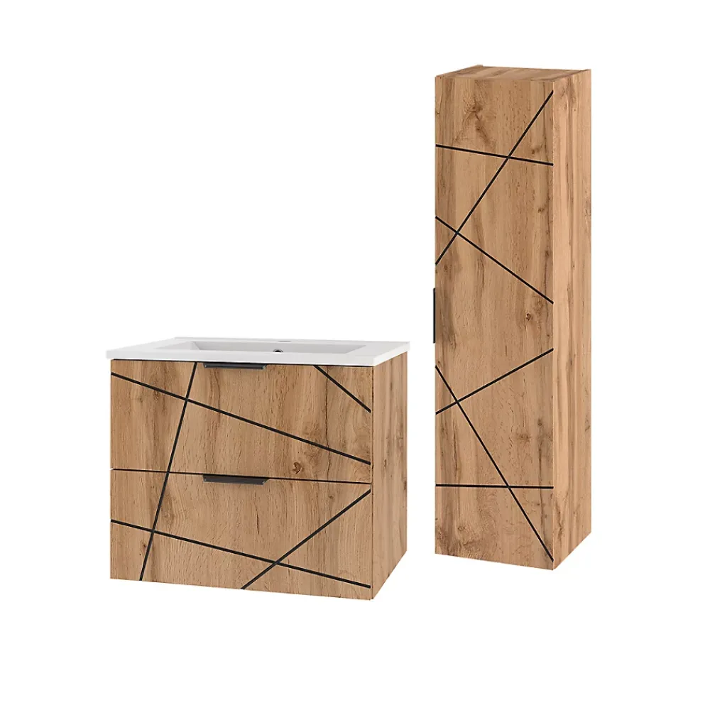 Petits-Meubles Ensemble meuble simple vasque encastree 80cm et colonne Teren Bois