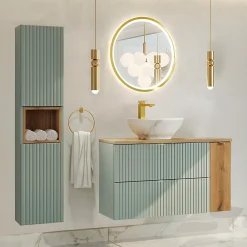 Ensemble Meuble De Salle De Bains|Petits-Meubles Ensemble meuble simple vasque 100cm et colonne Jade Vert et Bois