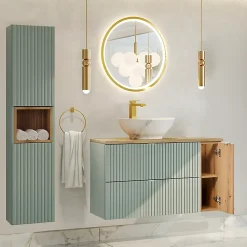 Ensemble Meuble De Salle De Bains|Petits-Meubles Ensemble meuble simple vasque 100cm et colonne Jade Vert et Bois