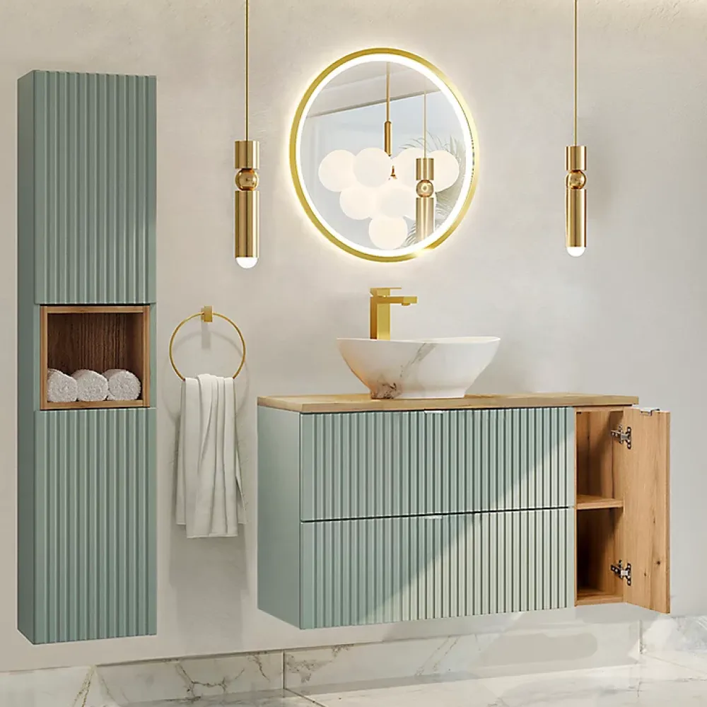 Ensemble Meuble De Salle De Bains|Petits-Meubles Ensemble meuble simple vasque 100cm et colonne Jade Vert et Bois
