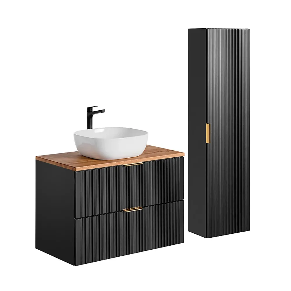 Ensemble Meuble De Salle De Bains|Petits-Meubles Ensemble meuble simple vasque 80cm et colonne Adriel Noir et Bois