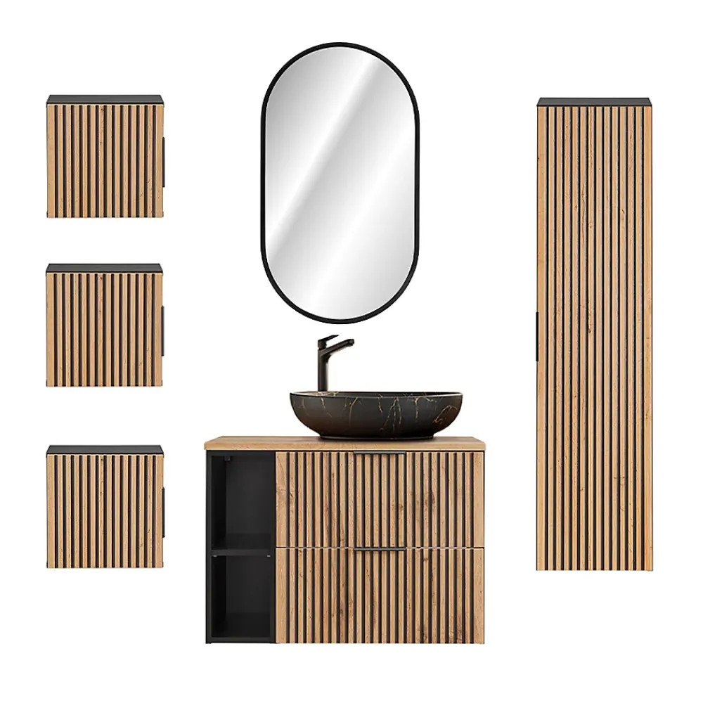 Ensemble Meuble De Salle De Bains|Petits-Meubles Ensemble meuble simple vasque 80cm 2 niches miroir LED colonne et 3 armoires murales Gaia Bois et Noir - Vasque Noir
