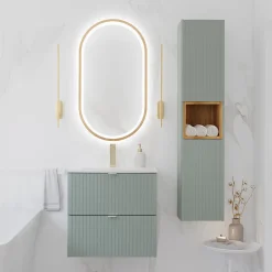 Ensemble Meuble De Salle De Bains|Petits-Meubles Ensemble meuble simple vasque encastree 60cm 2 tiroirs et colonne Jade Vert et Bois