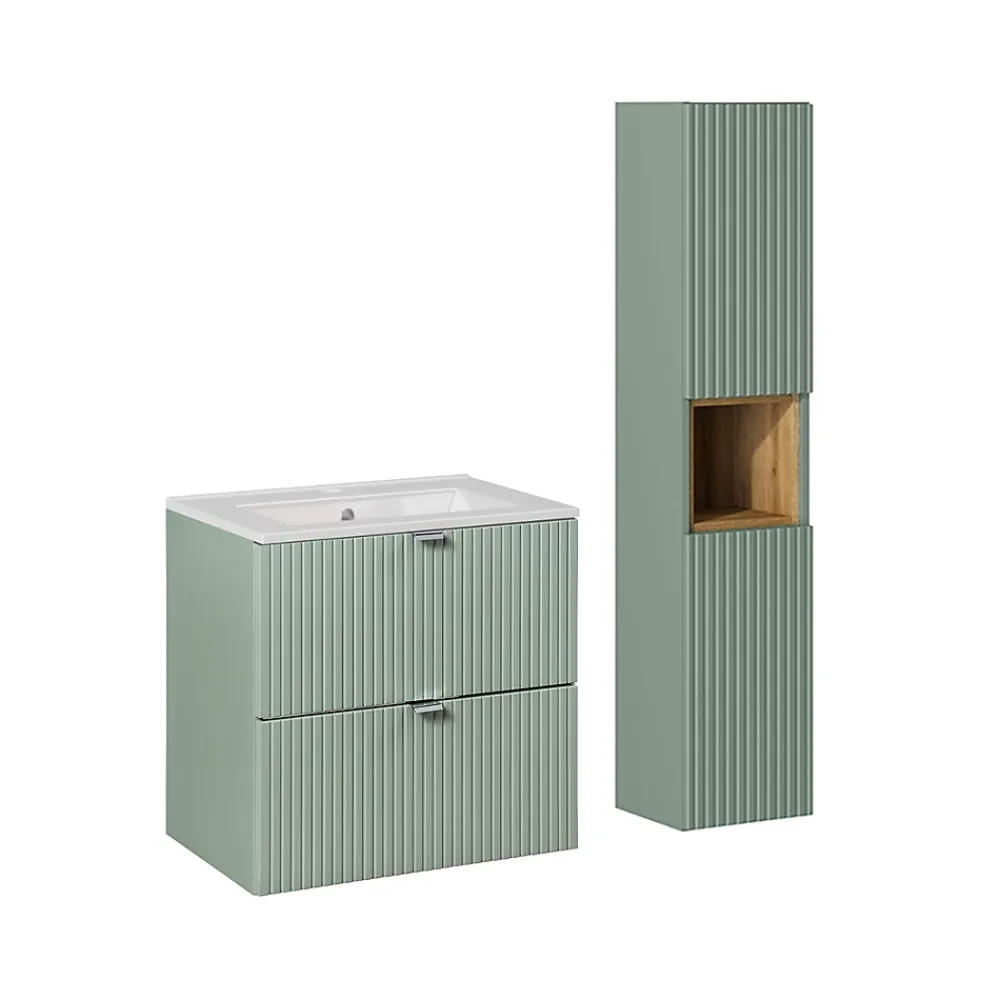 Ensemble Meuble De Salle De Bains|Petits-Meubles Ensemble meuble simple vasque encastree 60cm 2 tiroirs et colonne Jade Vert et Bois