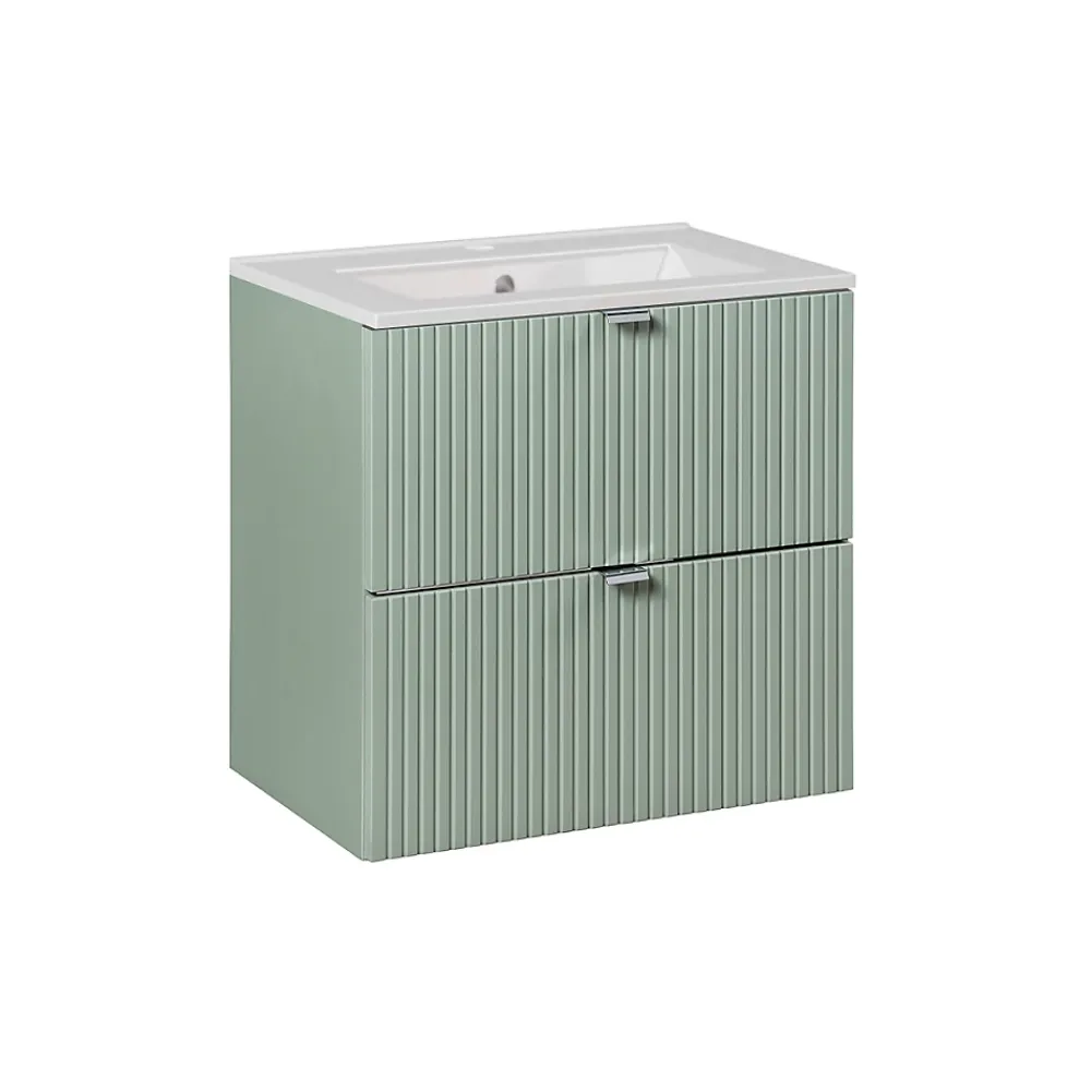 Ensemble Meuble De Salle De Bains|Petits-Meubles Ensemble meuble simple vasque encastree 60cm 2 tiroirs et colonne Jade Vert et Bois