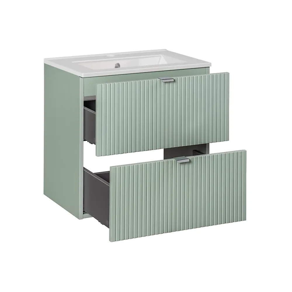 Ensemble Meuble De Salle De Bains|Petits-Meubles Ensemble meuble simple vasque encastree 60cm 2 tiroirs et colonne Jade Vert et Bois