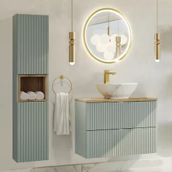 Ensemble Meuble De Salle De Bains|Petits-Meubles Ensemble meuble simple vasque 80cm 2 tiroirs miroir LED et colonne Jade Vert et Bois