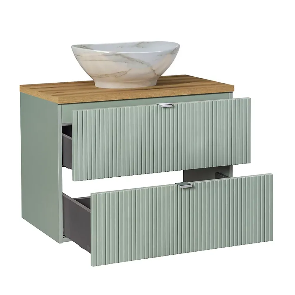 Ensemble Meuble De Salle De Bains|Petits-Meubles Ensemble meuble simple vasque 80cm 2 tiroirs miroir LED et colonne Jade Vert et Bois