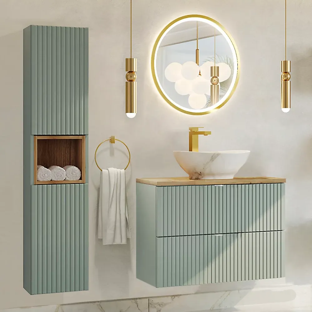 Ensemble Meuble De Salle De Bains|Petits-Meubles Ensemble meuble simple vasque 80cm 2 tiroirs et colonne Jade Vert et Bois