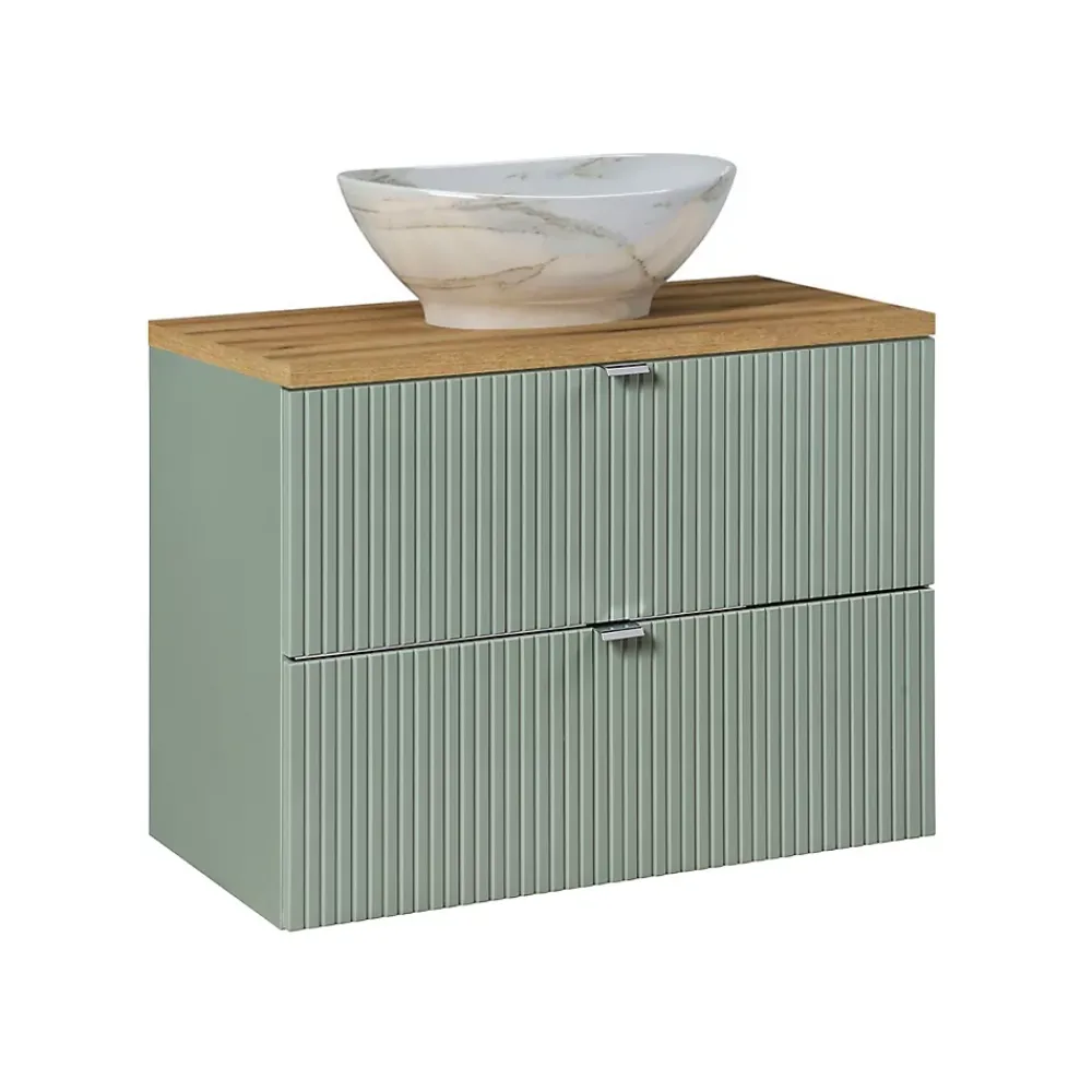 Ensemble Meuble De Salle De Bains|Petits-Meubles Ensemble meuble simple vasque 80cm 2 tiroirs et colonne Jade Vert et Bois