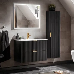 Ensemble Meuble De Salle De Bains|Petits-Meubles Ensemble meuble simple vasque encastree 80cm miroir LED et colonne Adriel Noir