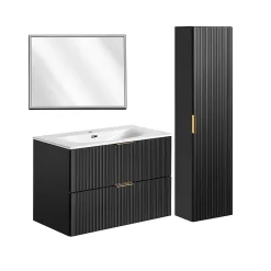 Ensemble Meuble De Salle De Bains|Petits-Meubles Ensemble meuble simple vasque encastree 80cm miroir LED et colonne Adriel Noir
