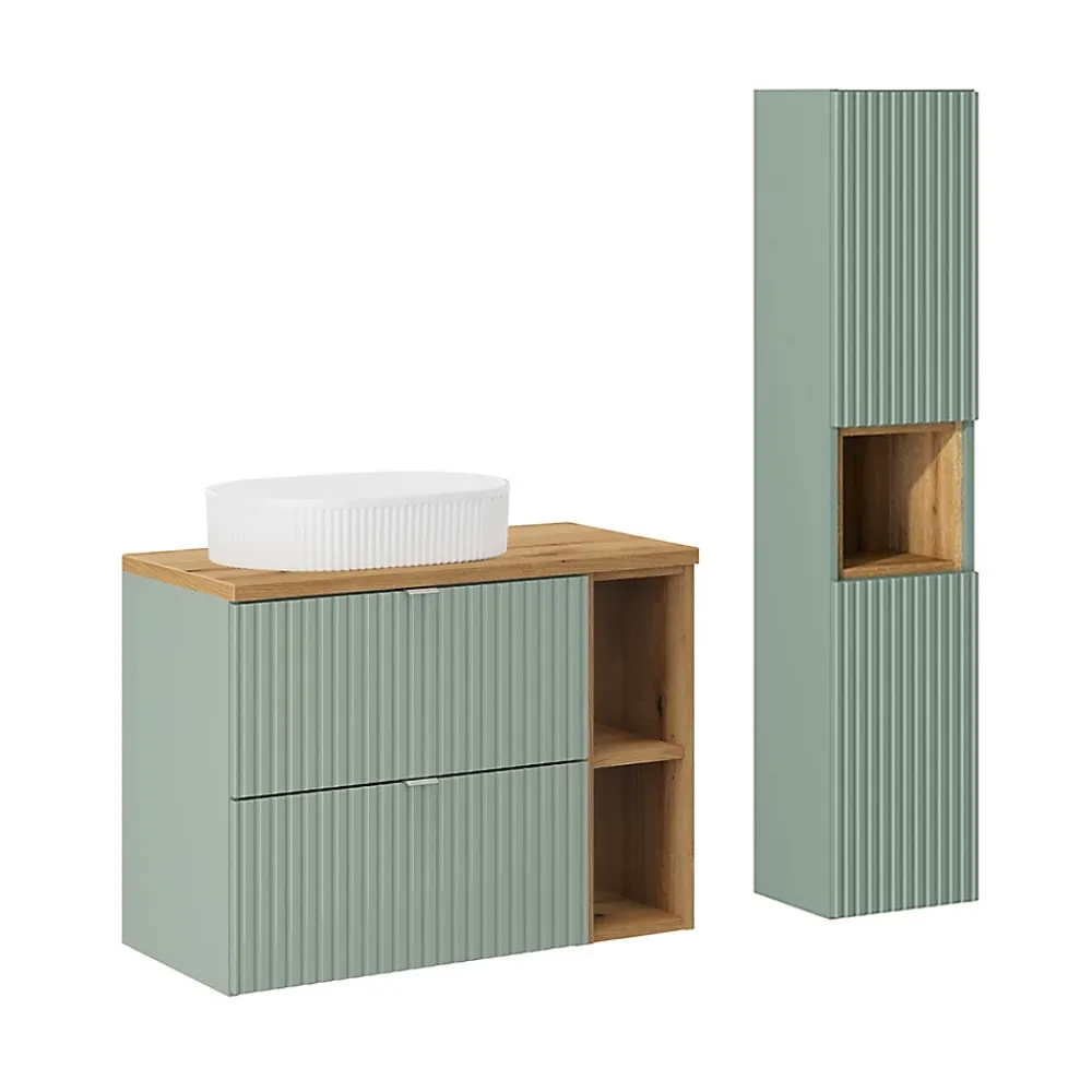 Petits-Meubles Ensemble meuble simple vasque 80cm 2 tiroirs 2 niches et colonne Jade Vert et Bois