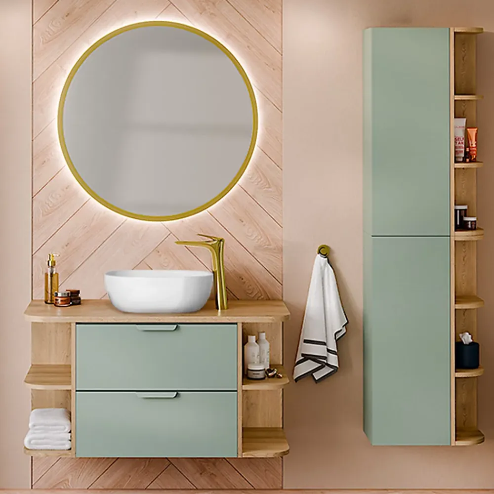 Ensemble Meuble De Salle De Bains|Petits-Meubles Ensemble meuble simple vasque 100cm niches arrondies et colonne Oria Vert mat