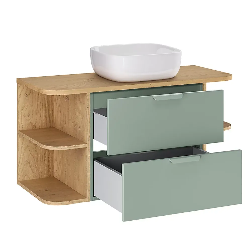 Ensemble Meuble De Salle De Bains|Petits-Meubles Ensemble meuble simple vasque 100cm niches arrondies et colonne Oria Vert mat