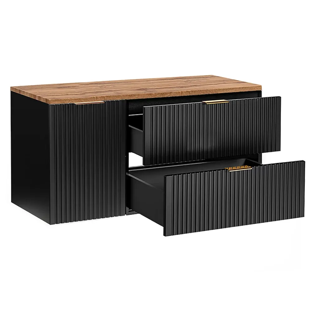 Petits-Meubles Ensemble meuble simple vasque 120cm panier à linge et colonne Adriel Noir et Bois